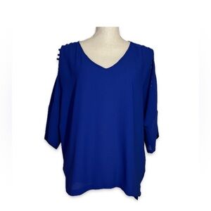 Q & A Women's V-Neck Blouse size M Royal Blue Ladder Open Sleeves Lightweight